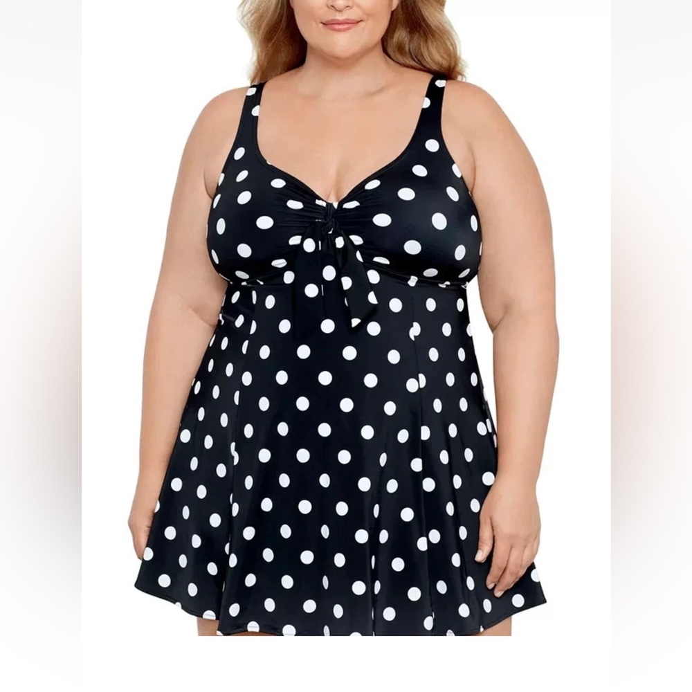 Swim Solutions Plus Size Tummy Control Bow Polka Dot Swimdress